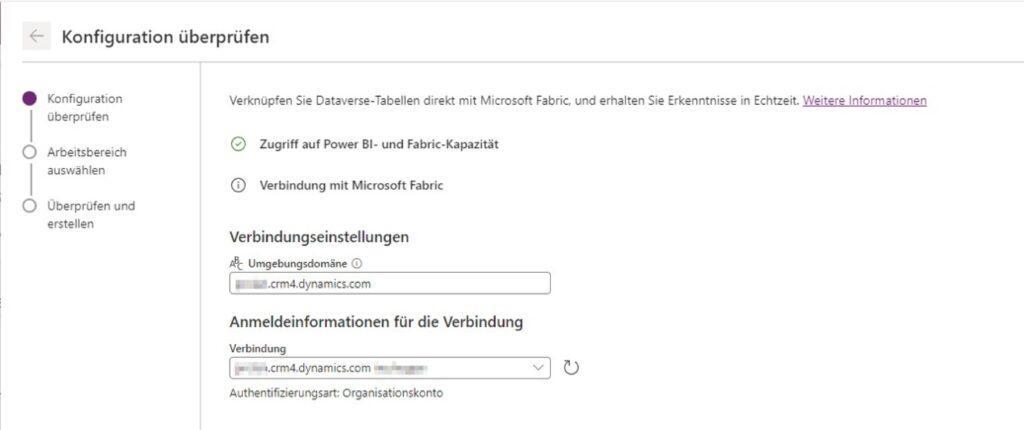 Einrichten der Dataverse-Synchronisation über "Link zu Microsoft Fabric". Konfiguration Schritt 1.