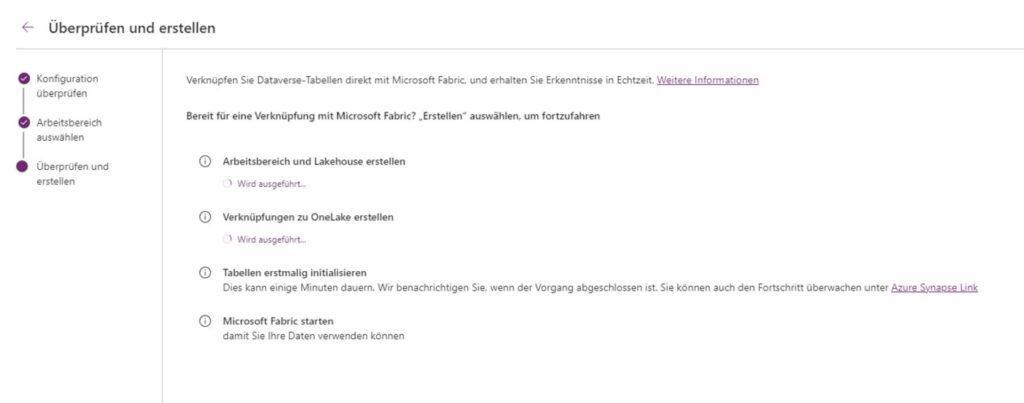 Einrichten der Dataverse-Synchronisation über "Link zu Microsoft Fabric". Konfiguration überprüfen und erstellen.